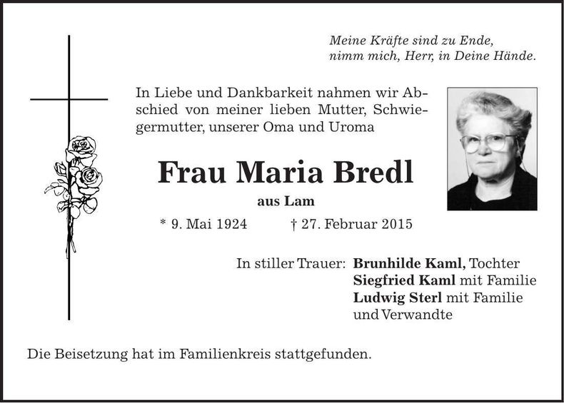 Traueranzeige Maria Bredl