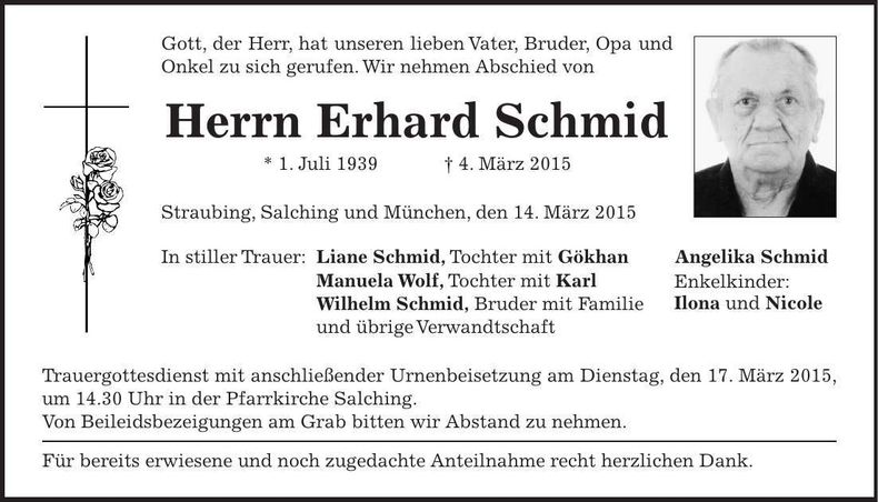 Traueranzeige Erhard Schmid