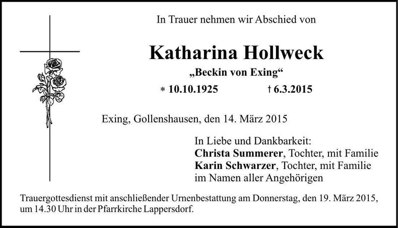 Traueranzeige Katharina Hollweck