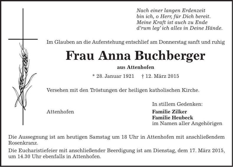 Traueranzeige Anna Buchberger