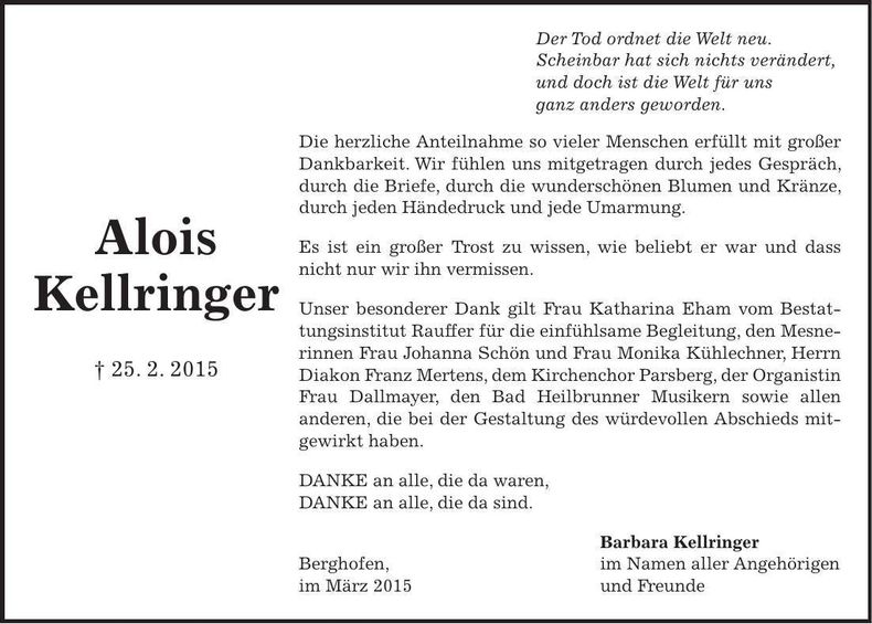 Traueranzeige Alois Kellringer
