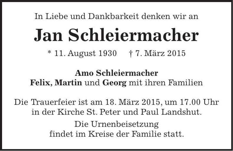 Traueranzeige Jan Schleiermacher