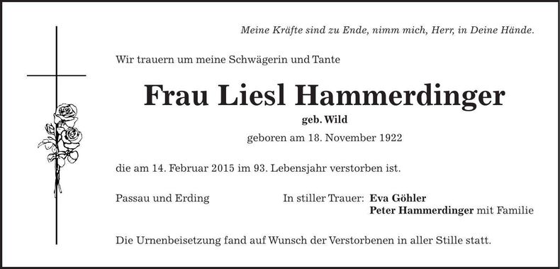 Traueranzeige Liesl Hammerdinger