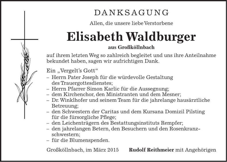 Traueranzeige Elisabeth Waldburger