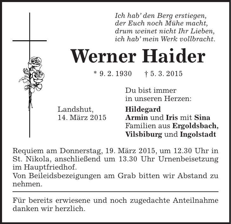 Traueranzeige Werner Haider