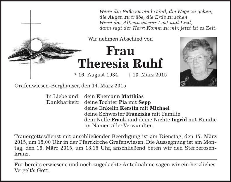 Traueranzeige Theresia Ruhf