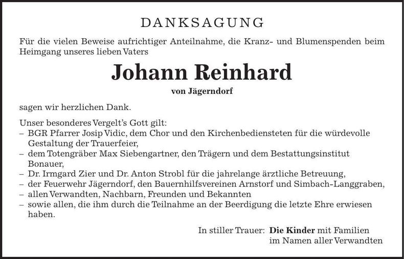 Traueranzeige Johann Reinhard