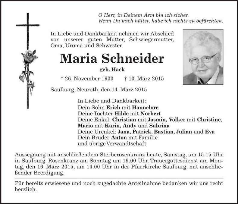 Traueranzeige Maria Schneider