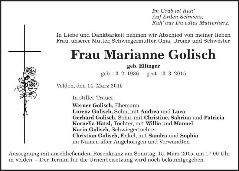 Traueranzeige Marianne Golisch