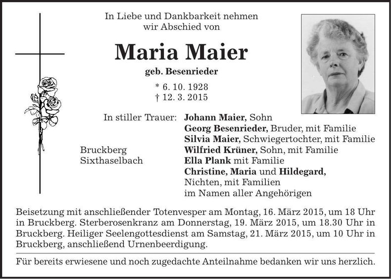 Traueranzeige Maria Maier