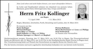 Traueranzeige Fritz Kollinger
