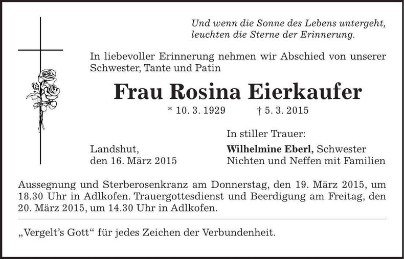 Traueranzeige Rosina Eierkaufer