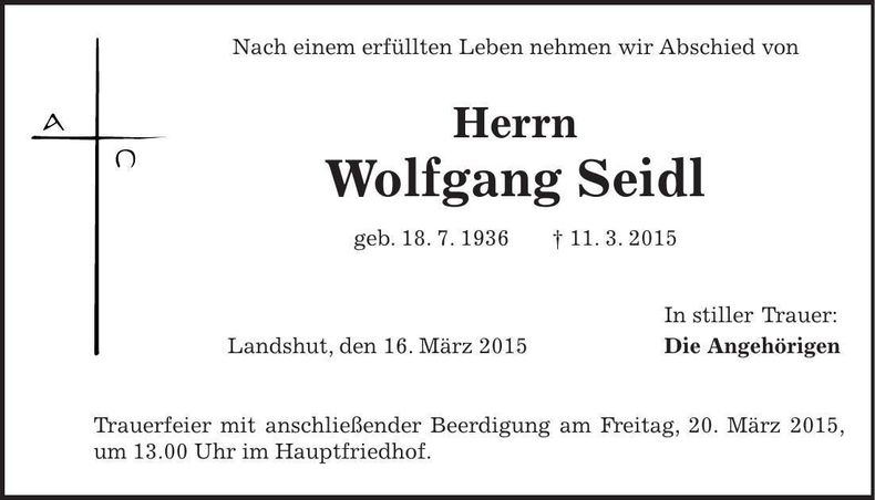 Traueranzeige Wolfgang Seidl