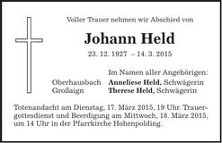 Traueranzeige Johann Held