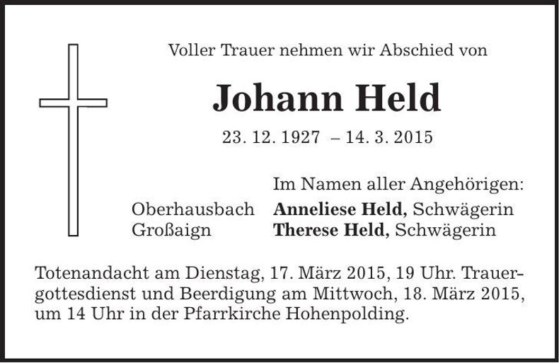Traueranzeige Johann Held