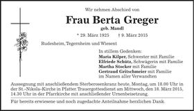 Traueranzeige Berta Greger