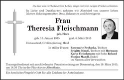 Traueranzeige Theresia Fleischmann