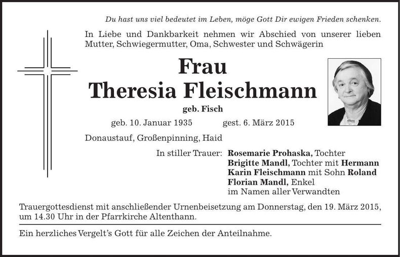 Traueranzeige Theresia Fleischmann