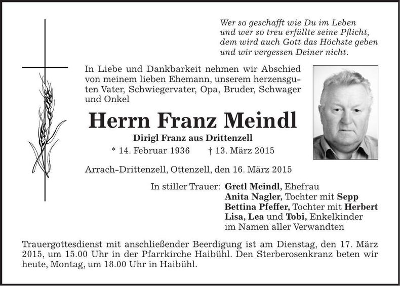 Traueranzeige Franz Meindl
