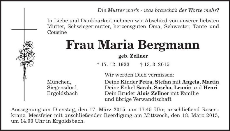 Traueranzeige Maria Bergmann