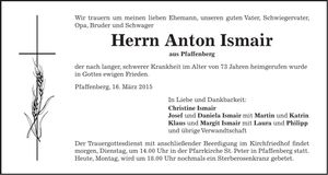 Traueranzeige Anton Ismair