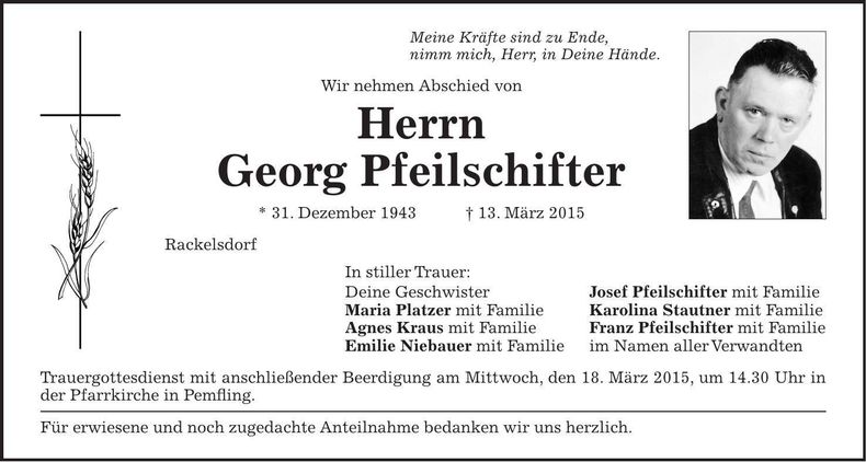 Traueranzeige Georg Pfeilschifter