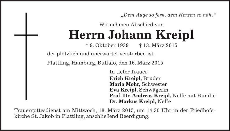 Traueranzeige Johann Kreipl