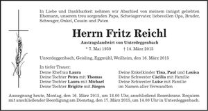 Traueranzeige Fritz Reichl