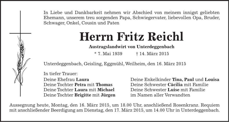 Traueranzeige Fritz Reichl