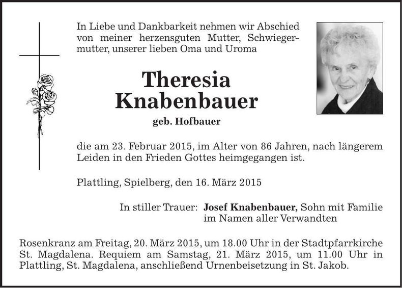 Traueranzeige Theresia Knabenbauer