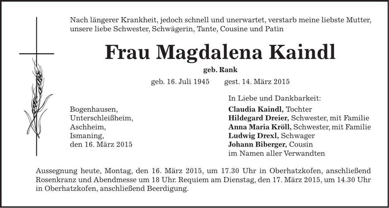 Traueranzeige Magdalena Kaindl
