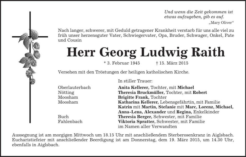 Traueranzeige Georg Ludwig Raith