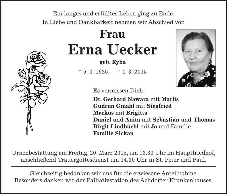 Traueranzeige Erna Uecker