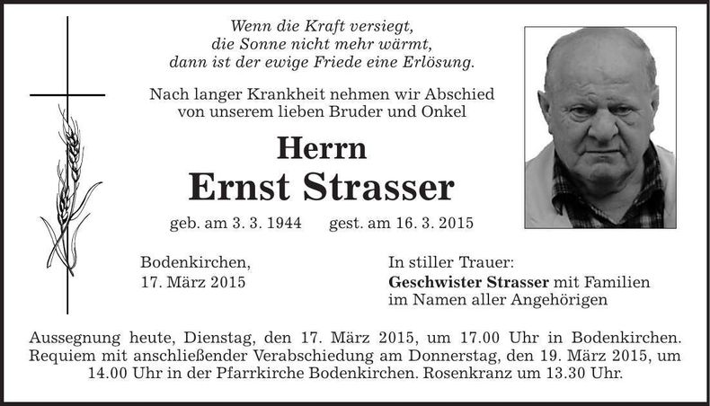Traueranzeige Ernst Strasser