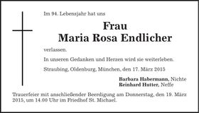 Traueranzeige Maria Rosa Endlicher