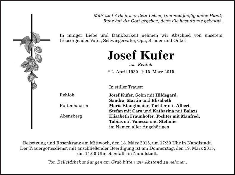 Traueranzeige Josef Kufer