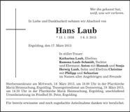 Traueranzeige Hans Laub