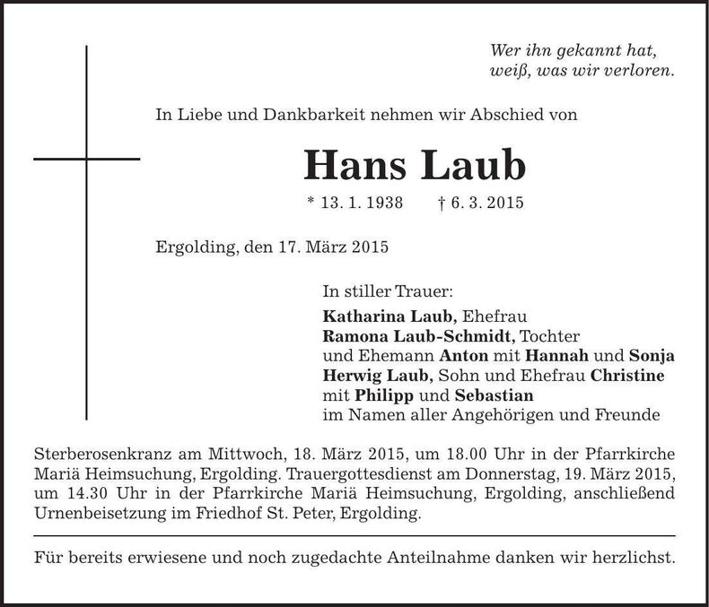 Traueranzeige Hans Laub