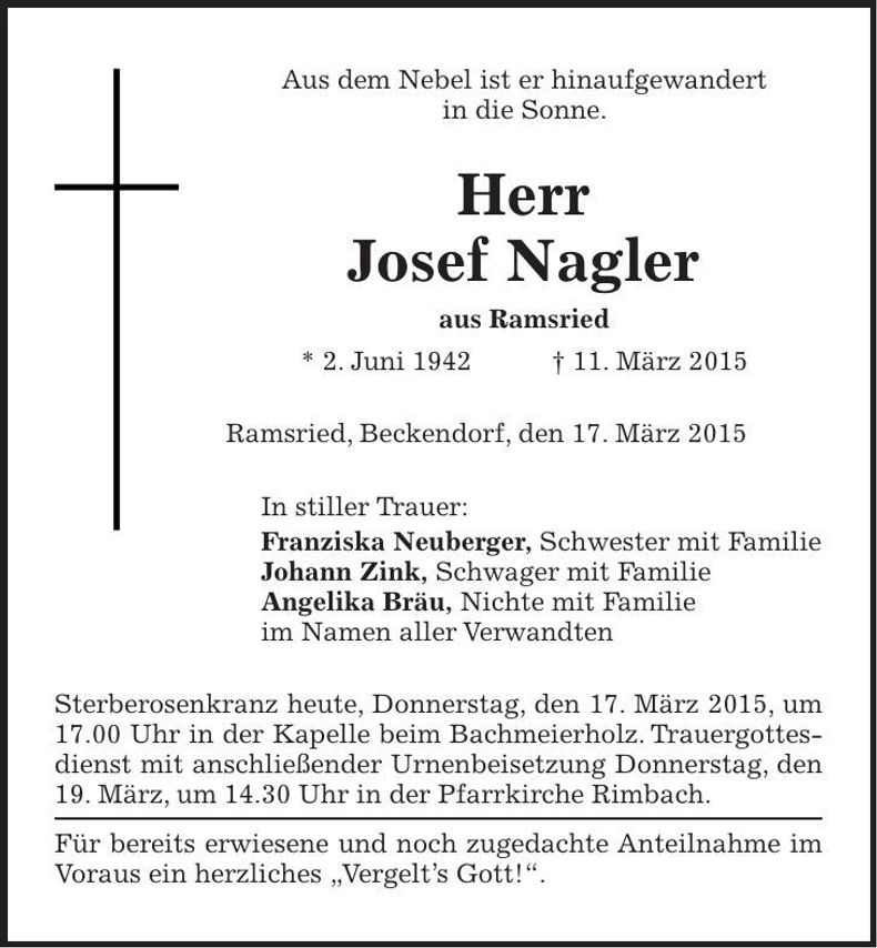 Traueranzeige Josef Nagler