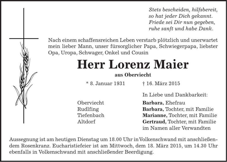 Traueranzeige Lorenz Maier