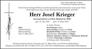 Traueranzeige Josef Krieger