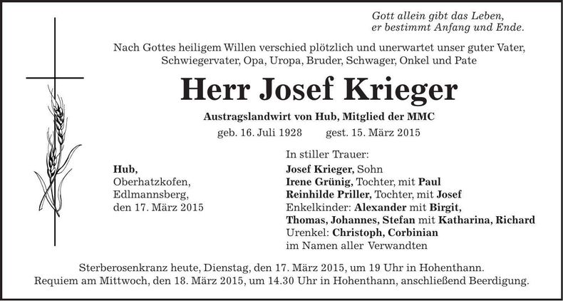 Traueranzeige Josef Krieger
