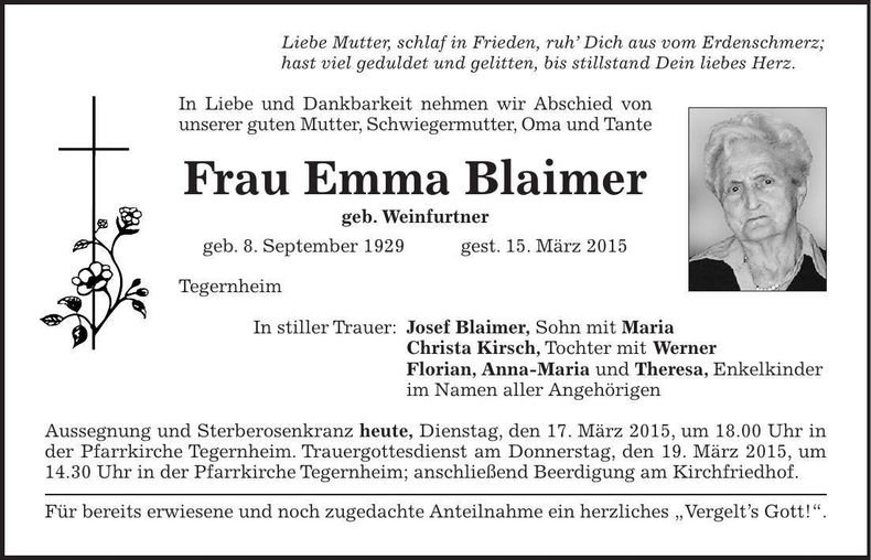 Traueranzeige Emma Blaimer