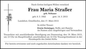 Traueranzeige Maria Straßer