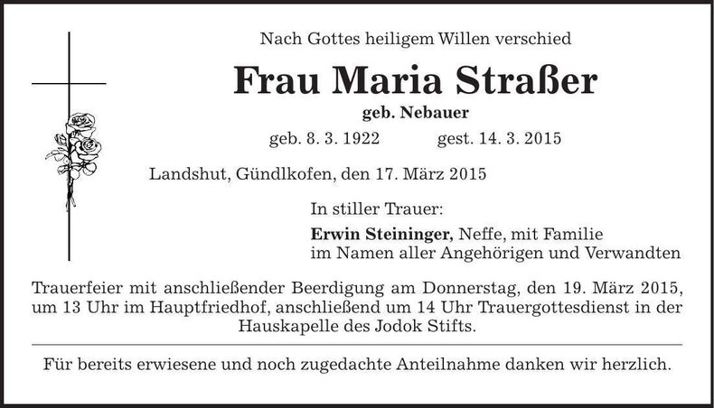 Traueranzeige Maria Straßer