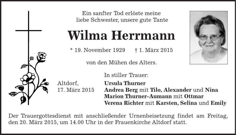 Traueranzeige Wilma Herrmann