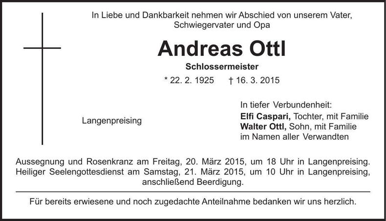 Traueranzeige Andreas Ottl