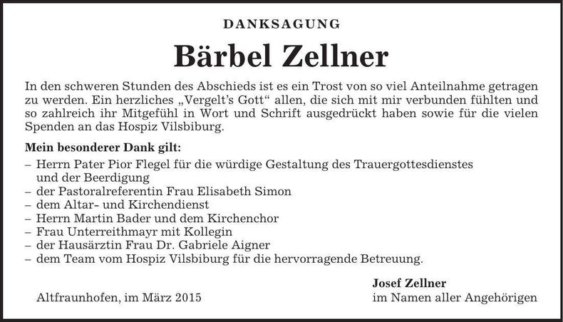 Traueranzeige Bärbel Zellner