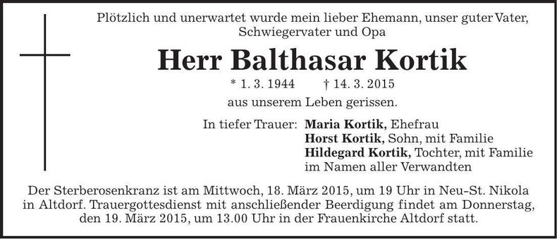 Traueranzeige Balthasar Kortik