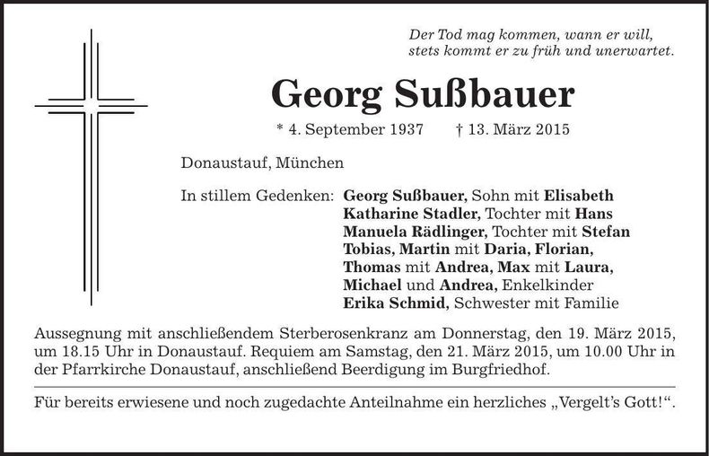 Traueranzeige Sußbauer Georg